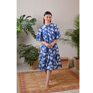 The Birdbox Project Blue Foral Godet Dress Small