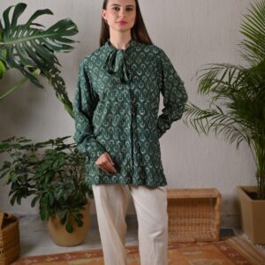 The Birdbox Project Green Dabu Modal Cotton Knot Top Medium