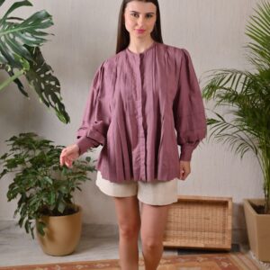 The Birdbox Project Purple Pleat Puff Sleeve Top Medium